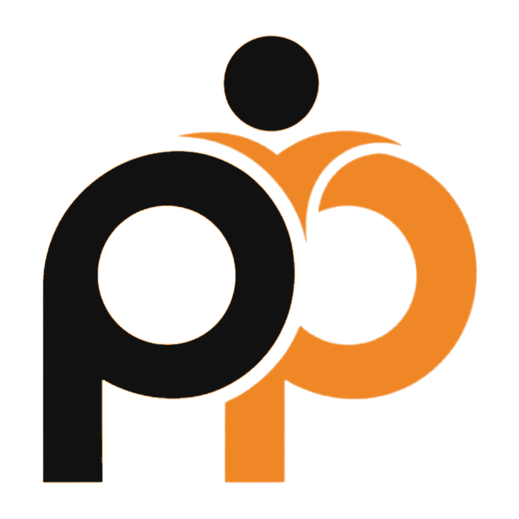 Position Partners Logo: ein glücklicher Mensch, der sich auf zwei P stützt