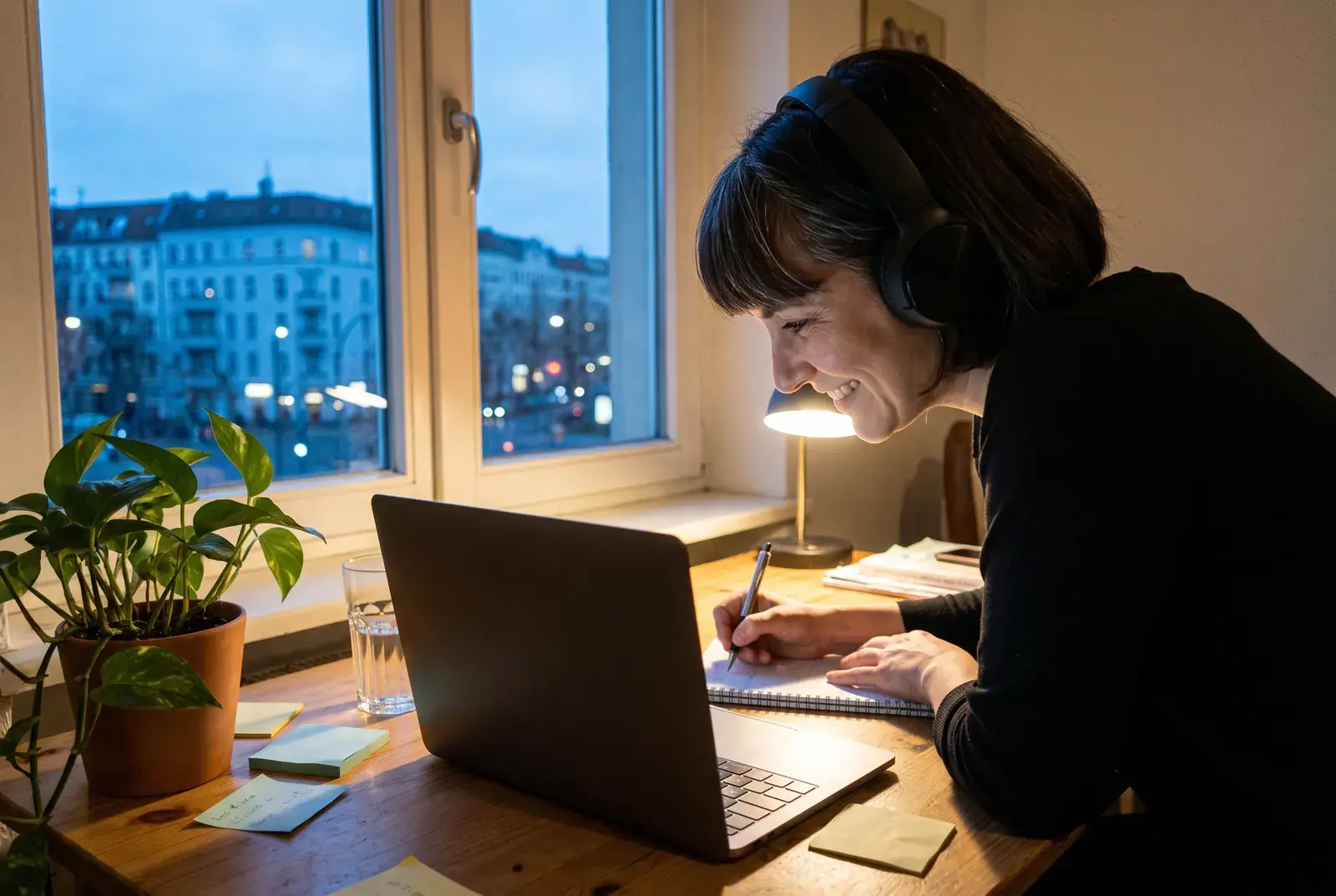 Frau Anfang vierzig lernt abends zu Hause mit Kopfhörern in einem Live-Online-Kurs und schreibt mit